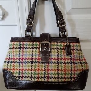 Coach Brown Leather and Plaid Wool Satchel